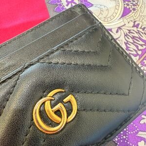 Gucci CC Black Cowhide Holder w Gold GG Hardware Card Case